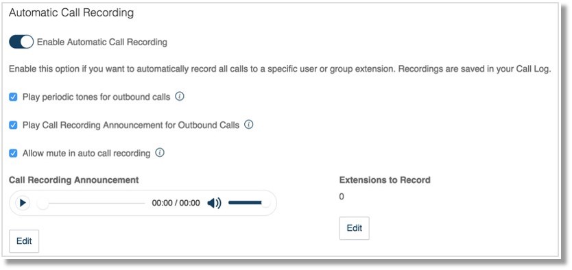 You may configure the following settings for Automatic Call Recording.