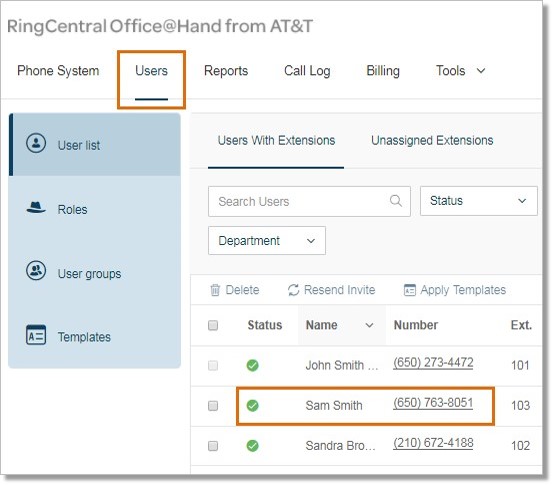 Click Users and then select the extension or user that you wish to configure.