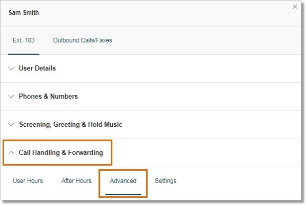 On the selected User's info, click Call Handling & Forwarding, and then click Advanced.