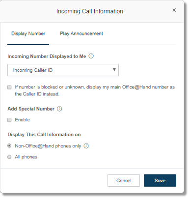 Incoming Call Information window