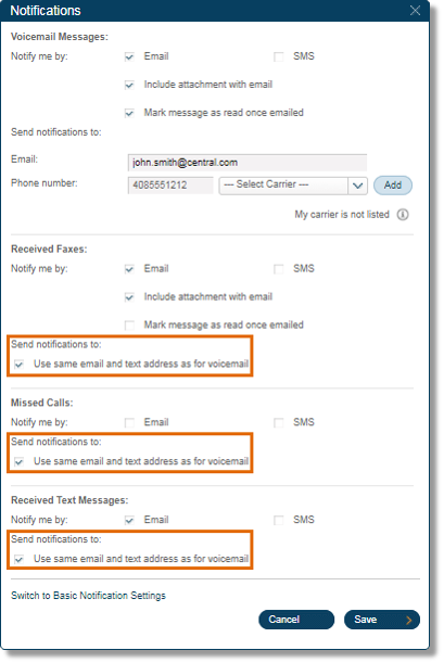 check the box next to Use same email and text address as for voicemail. 