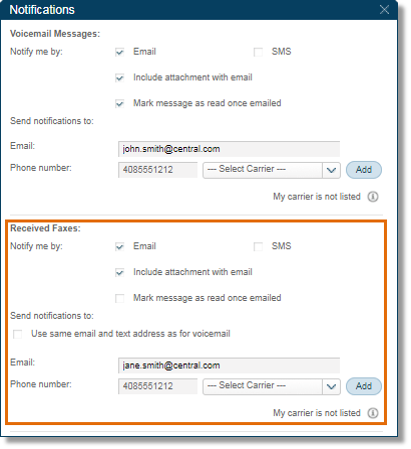 uncheck Use same email and text address as for voicemail