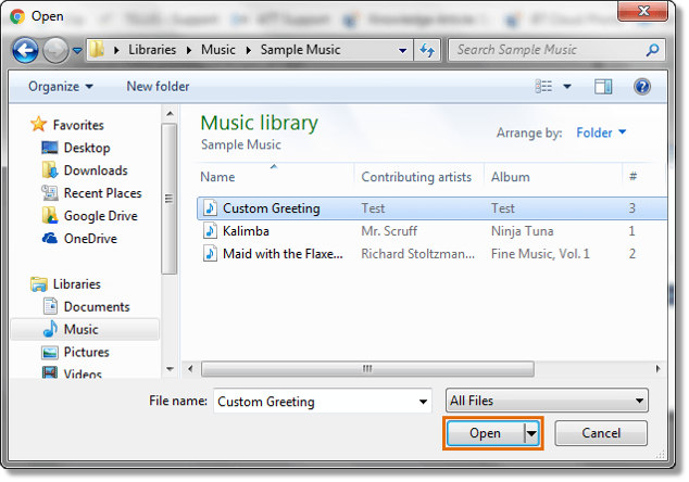 After you click Browse, you will see a pop-up window where you can locate and select the file that you want to use as your Voicemail greeting