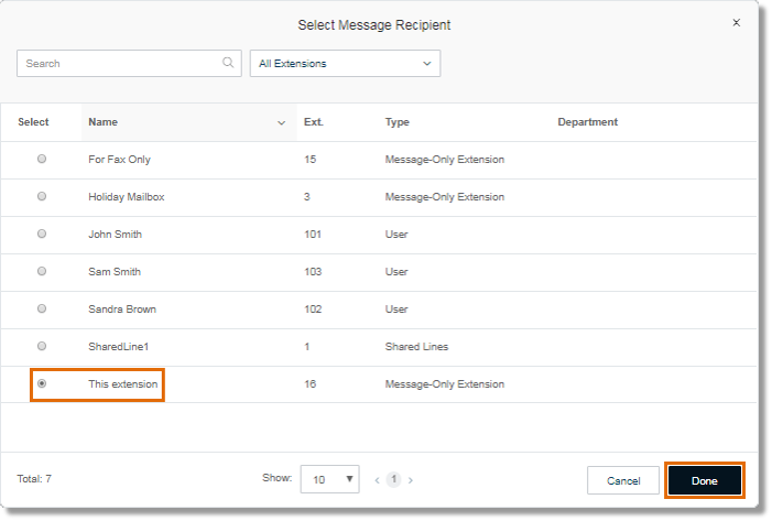 Select the extension where you want to save the messages. Click Done.