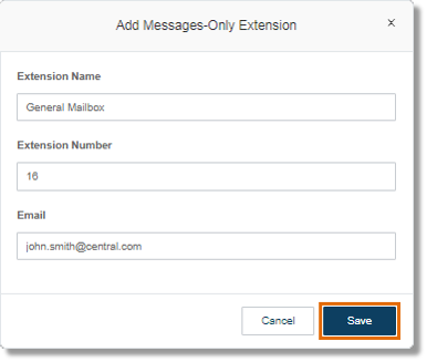Enter the Extension Number, Extension Name, and Email address of the Extension user, and then click Save.