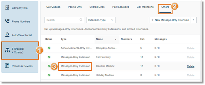 Under Groups > Others, select your Message-Only Extension.