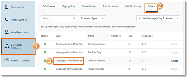 Select an existing Messages-Only extension.