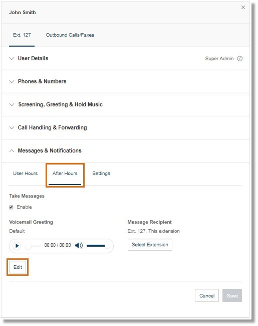 The After Hours tab allows you to activate or deactivates your extension's capability to receive voicemail messages during your company's After Hours.