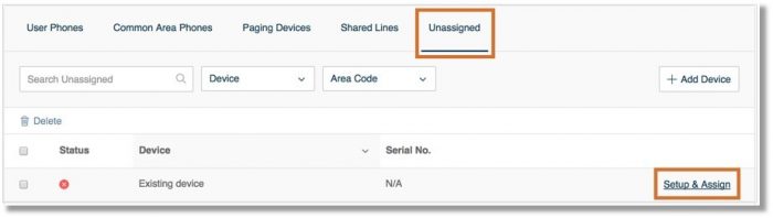 On the Unassigned tab, click Setup & Assign on the unassigned phone that you want to set up.