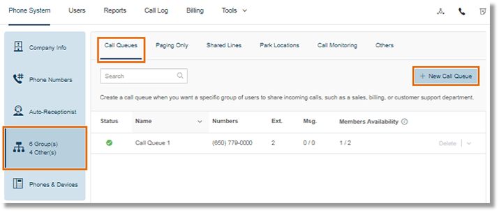 Go to Phone System > Groups. On the Call Queues tab, click the New Call Queue button.