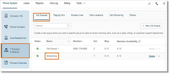 Under Phone System, click Groups. On the Call Queues tab, select the Call Queue that you want to set up.