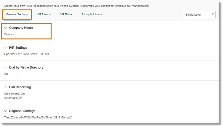 On the General Settings tab, click Company Hours.