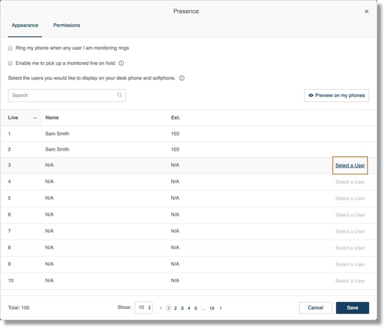 Under Appearance, click on Select a User to select the users whose presence you would like to monitor for each line.