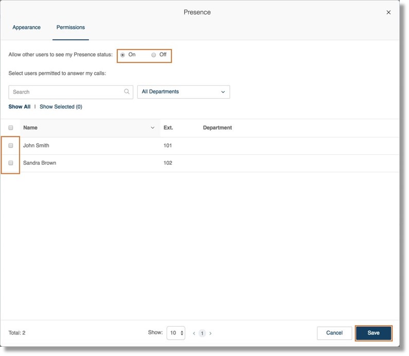 On the Permissions tab, you may toggle On/Off Allow other users to see my Presence status and Select users permitted to answer my calls. Click Save to save your settings.