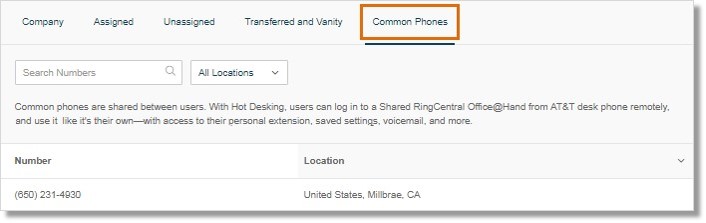 The Common Phones tab shows the list of phone numbers assigned to your Common Phones.