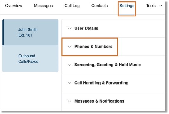 Click Settings > Phones & Numbers.
