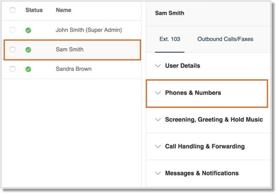 Select the user you wish to view, then click Phones & Numbers.