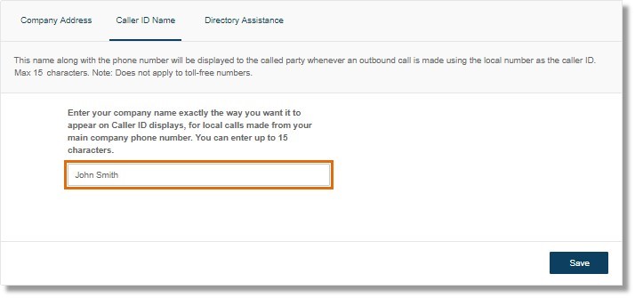 Enter your preferred Company Caller ID Name exactly the way you want it to appear on Caller ID displays, for local calls made from your local Office@Hand phone numbers.