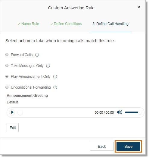 You can change rule actions. You can choose from the following actions to be applied to the Advanced Call handling rule. Click Save when done.