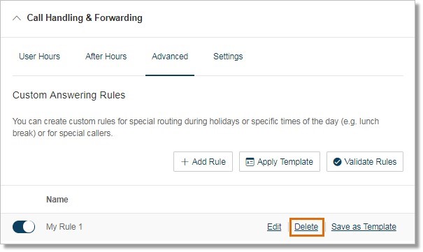 You can delete an advanced call handling rule when it is no longer applicable for future use.