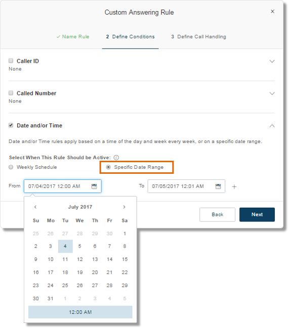 Select Specific Date Range, and then select the Date and Time when the rule should be applied.