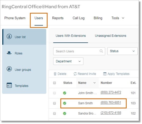 Click Users, and then select the extension or User that you wish to configure.
