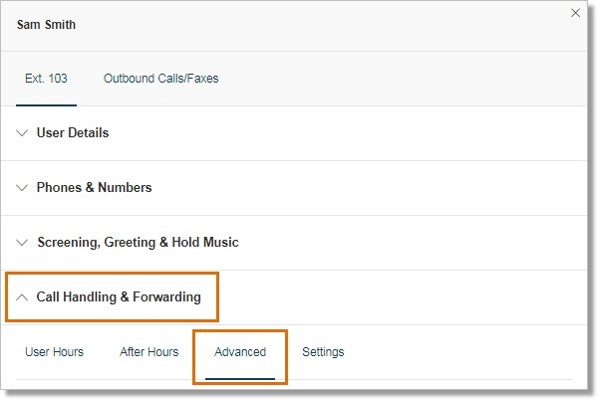 On the selected User's info, click Call Handling & Forwarding, and then click Advanced.