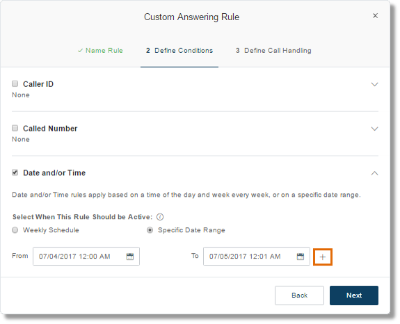 If this answering rule should be active during holidays, you can add date to the rule by clicking on the Plus + sign.
