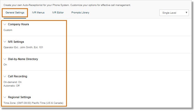The following sections are available on the General Settings tab, so you can set up your Auto-Receptionist and IVR settings.