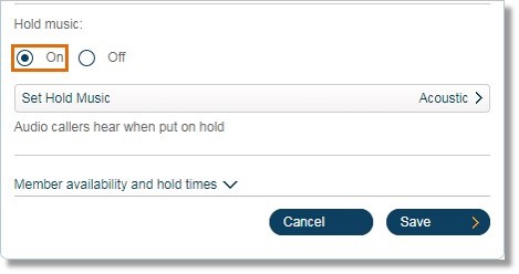 Select the music you wish to use when callers are placed on hold. You can also upload a custom recording. Select On to enable this feature.