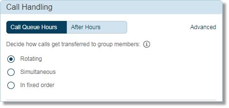 Under Call Queue Hours, select any of the three options below. Your choice determines how calls get transferred to group members.