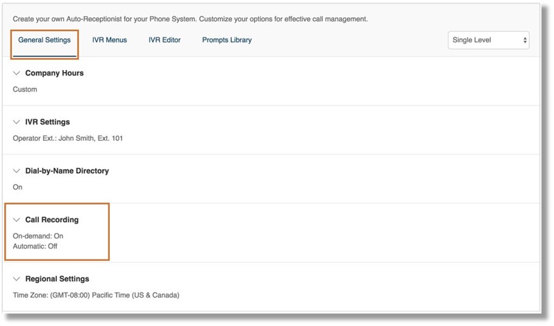 On the General Settings tab, click Call Recording.