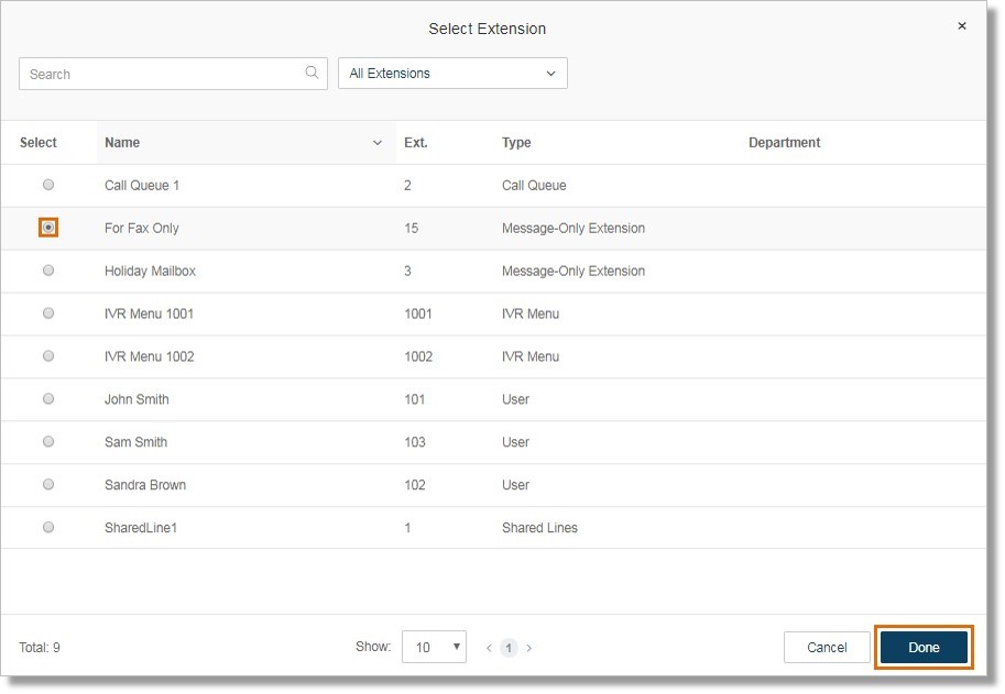 On the Select Extension window, select the Fax-Only Extension that you have created, and then click Done.