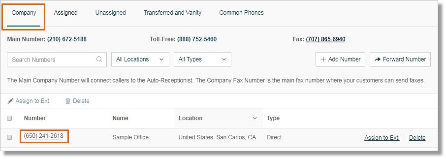 On the Company tab, click on the number you want to assign.