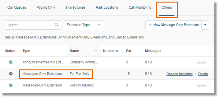 On the Groups page, go to Others, and then click on the Fax-Only Extension you have created.