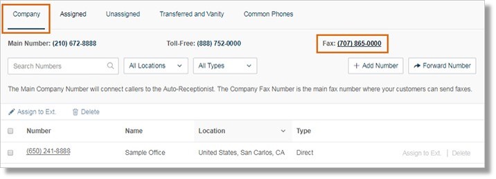 Under the Company tab, click your Fax Number.