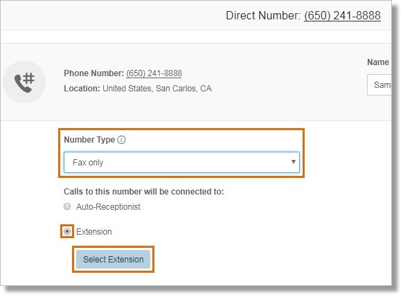 Click the Extension radio button, and then click Select Extension under Deliver faxes to: