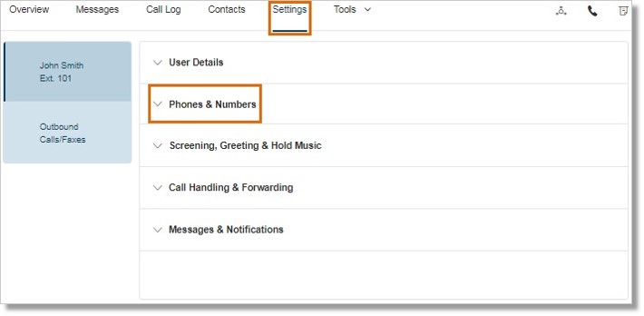 Click Settings, then click Phones & Numbers.