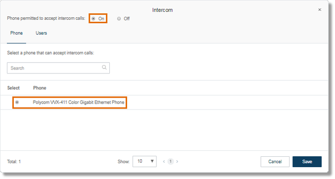 Set Phone permitted to accept intercom calls: to On. Select the device where you want to accept Intercom calls.