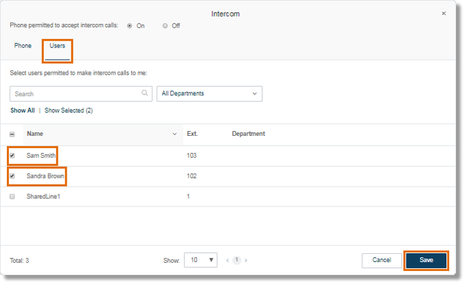 Click the Users tab. You will see a list of Users. Select by ticking the check boxes of the Users that will be permitted to make intercom calls to you. click Save.