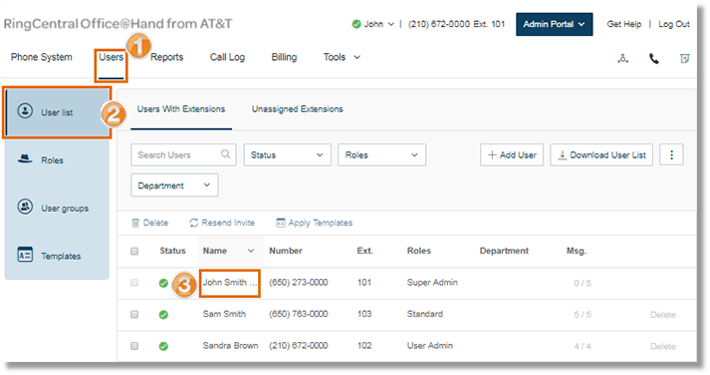 Click the Users tab, and then go to the User list. Under the Users with Extensions, click the name of the user that you want to modify.