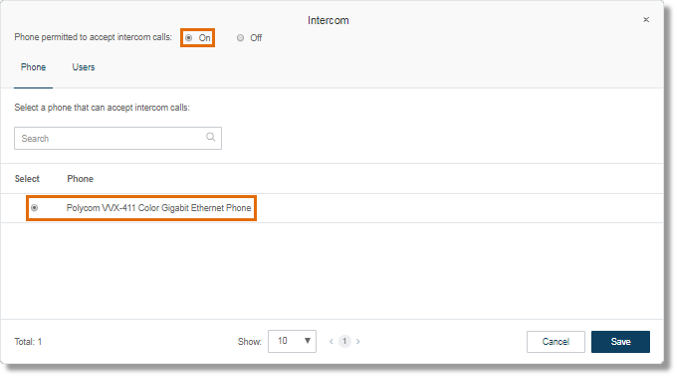 Set Phone permitted to accept intercom calls: to On. Select the device where you want to accept Intercom calls.