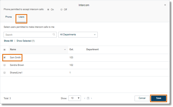 Allow other Users to make Intercom calls to your extension by selecting their names under the Users tab, and then click Save.