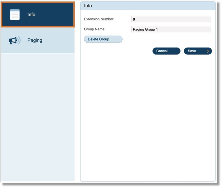On the Info tab, you may edit the Group Name and Extension Number.