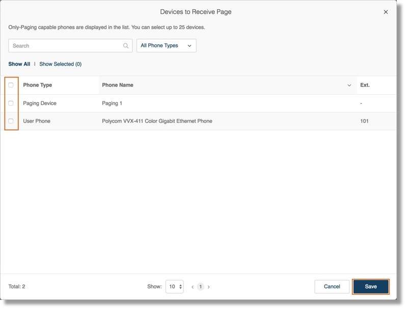 Devices to receive page - On the list of paging capable devices, select the device you want to assign to the paging group.