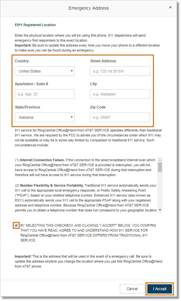Enter the Emergency Address, and click the checkbox to acknowledge that you understand the emergency calling address service. click I Accept.
