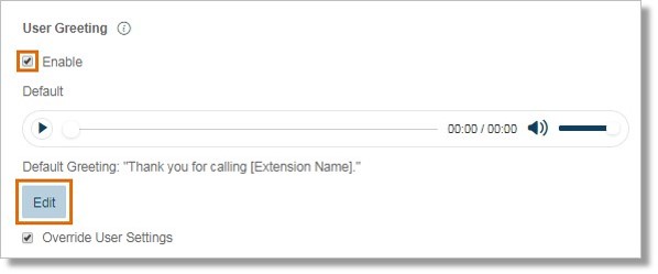 On the Screening, Greeting & Hold Music section, Click the Enable checkbox and click Edit under User Greeting.