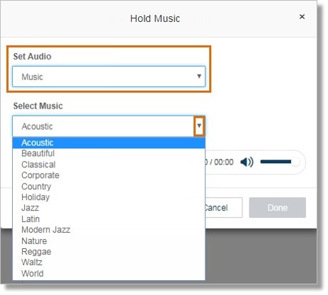 Selecting Music allows you to select the Music type.