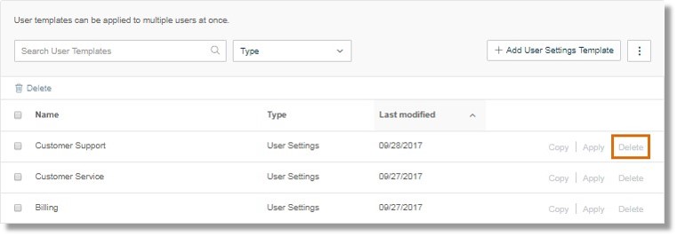 To delete a template from the Templates list, click Delete opposite the one that needs to be deleted.