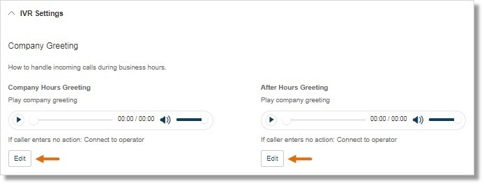 Click Edit to proceed setting up Company Hours or After Hours Greeting.